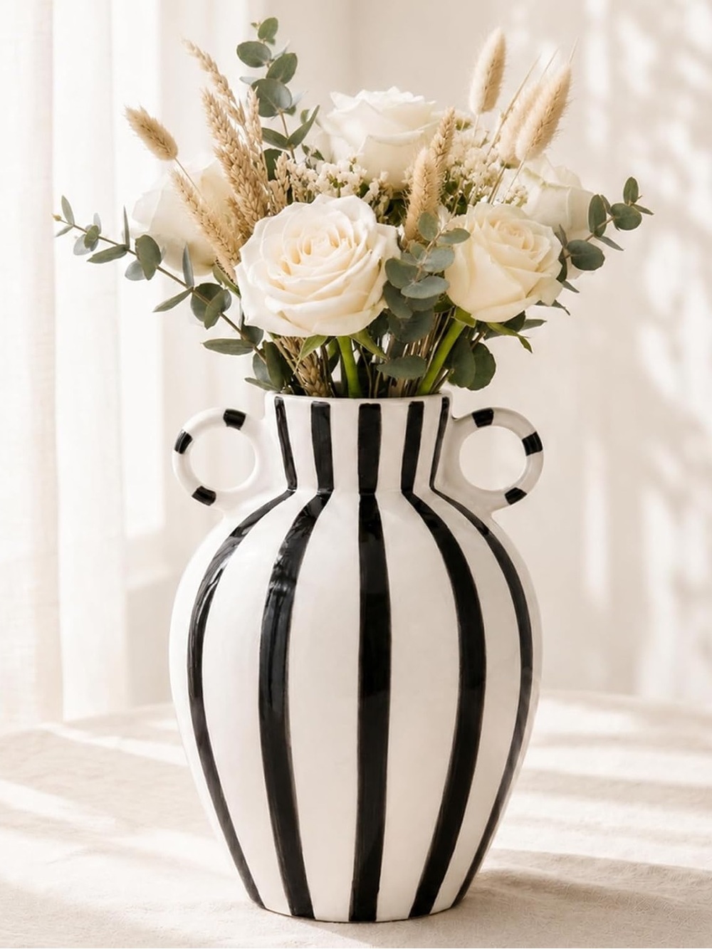 Striped Ceramic Vase — Black and White Decorative Urn